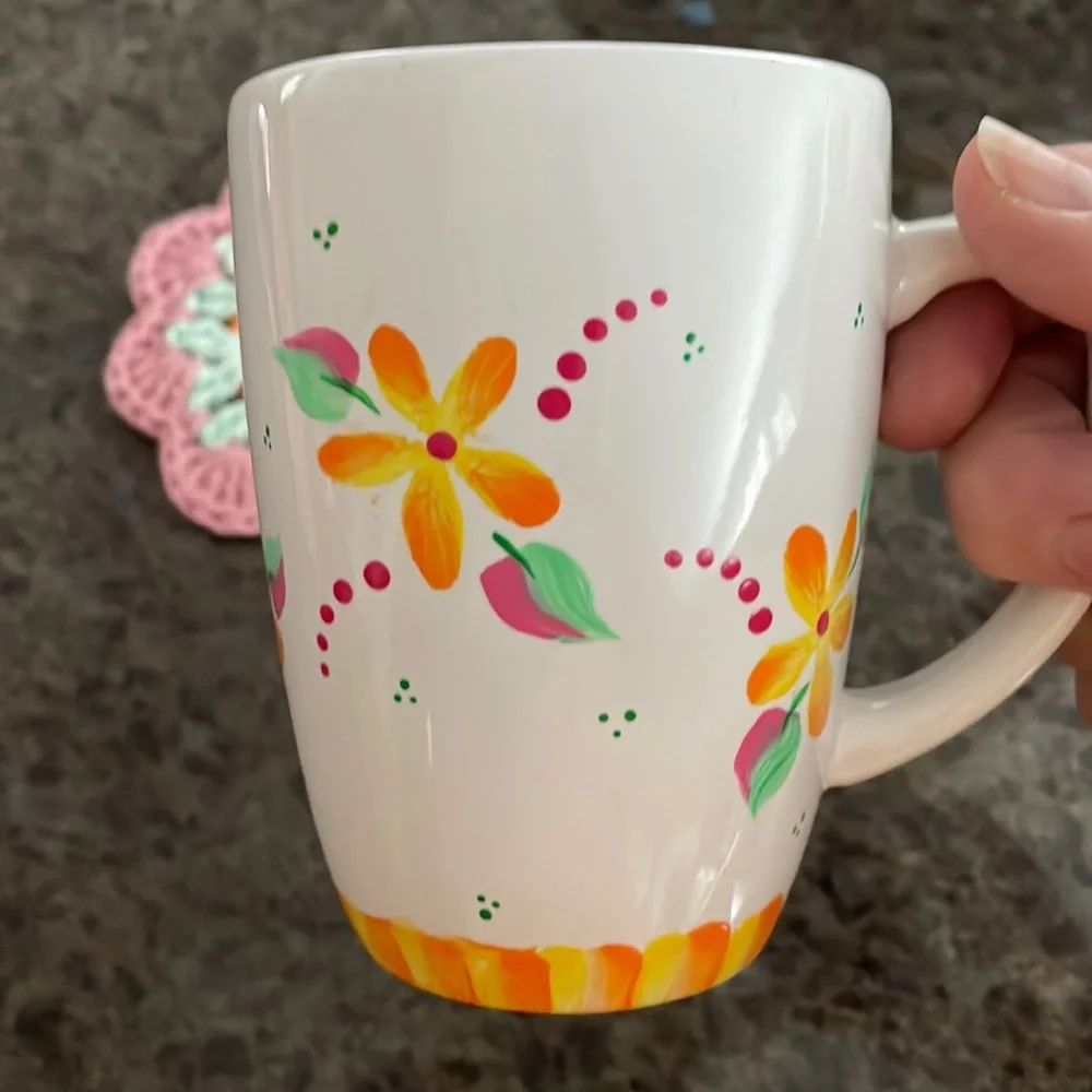 Hand Painted Mug + Matching Crochet Coaster - Unique Handmade Gift